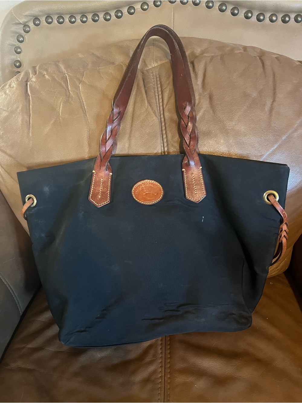 Dooney & Bourke Black Nylon Tote with Brown Leather Braided Handles